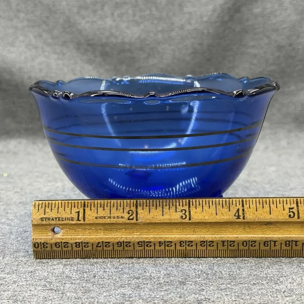 VTG Cobalt Blue Glass Candy Dish Bowl Mt Pleasant 3 Black Stripes 3 Toed READ